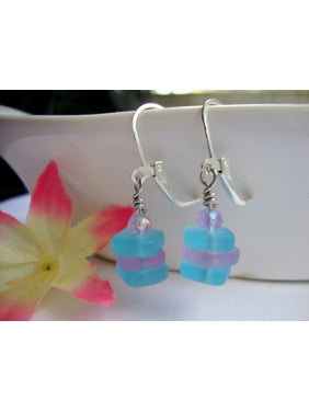 Stacked Caribbean Blue /& Green Sea Glass Square Crystal Silver Dangle Earrings